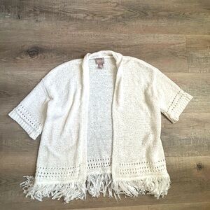 Chicos Womens Sweater Cream Knit Fringed Sweater Cardigan Short Sleeve Size 0